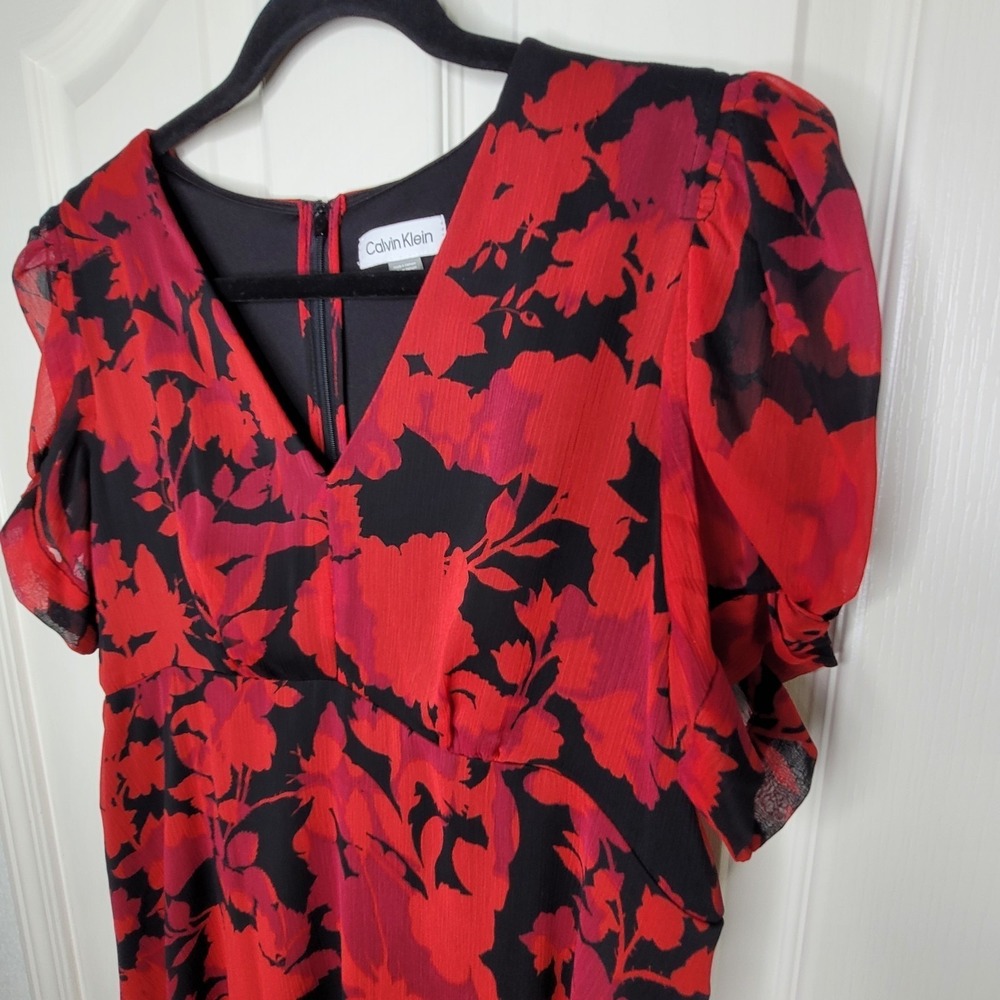 Calvin Klein Puff Sleeve Empire Waist Sheath Black Red Dress Women's Size 12 - Picture 5 of 10